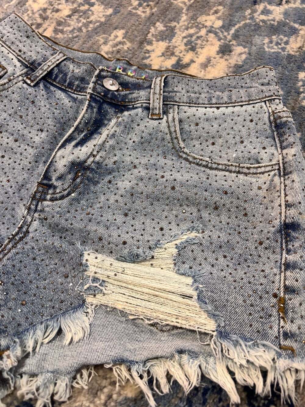 Good American Crystal Distressed Denim Shorts